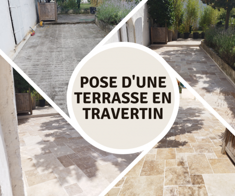 Aménagement extérieur - Pose d'une terrasse en travertin à BOURGOIN-JALLIEU