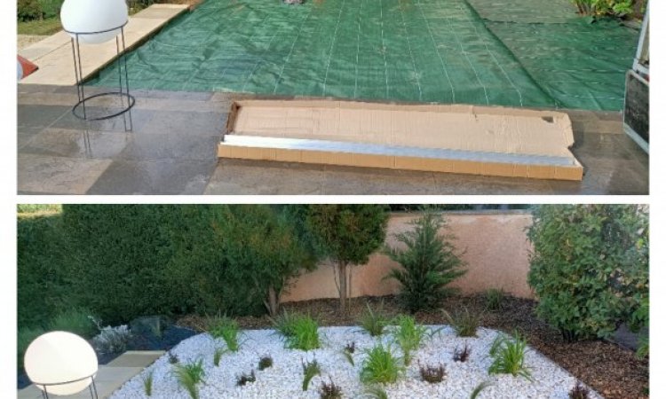 Installation de bâche anti-herbe, plantation et paillis de marbre blanc